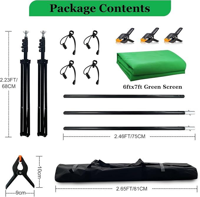 2 in 1 Green Backdrop Stand Kit, 6.5x6.5 ft Portable Dual Rod Stand kit with 6x7ft Green Backdrop-Premium Polyester for Video Streaming, Portrait Photoshoot, Wall Mounted, Parties