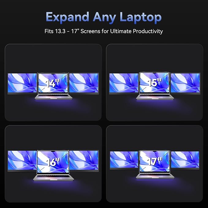One Cable Connection Triple Laptop Screen Extender - Ultra Thin 14" Monitor IPS FHD 1080P Lightweight Portable Display for 13"-17" Laptops Compatible with Windows Mac Chrome Travel Work Setup