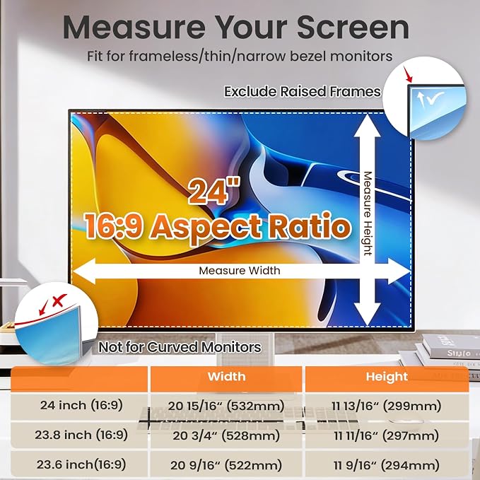 Magnetic Privacy Screen Filter for 24 Inch Computer Monitor 16:9 Aspect Ratio, Removable Hanging Privacy Screen Shield Eye Protection, 24in Anti Blue Light Filter, Anti-Glare Protector