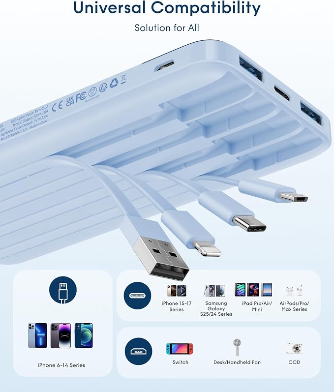 charmast 10000mAh Portable Charger with Built-in Cables, 6 Outputs & 3 Inputs Power Bank, Compact Travel Essential Battery Pack for iPhone 16/15, Samsung S25/S24, Google Pixel, iPad, AirPods & More