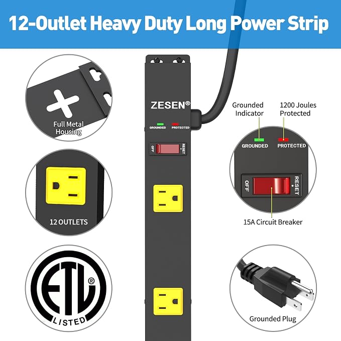 12 Outlet Long Power Strips Heavy Duty Wide-Spaced Outlets Industrial Power Strip Surge Protector with 4ft Cord for Garage Workshop Office Home, ETL Certified, 1875W, Black