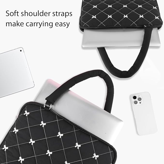 Cute Bow Laptop Case Coquette 13-15 Inch Puffy Laptop Sleeve Accessories Aesthetic Quilted Computer Bag for MacBook (Black, 15-15.6inch)