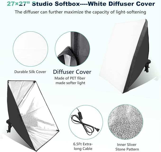 Torjim Softbox Photography Lighting Kit, 2Pcs 27" x 27" Professional Soft Box | 3000K-7500K 85W LED Bulbs with Remote, Photography Continuous Lighting Kit for Studio Lights, Portrait, Video Recording