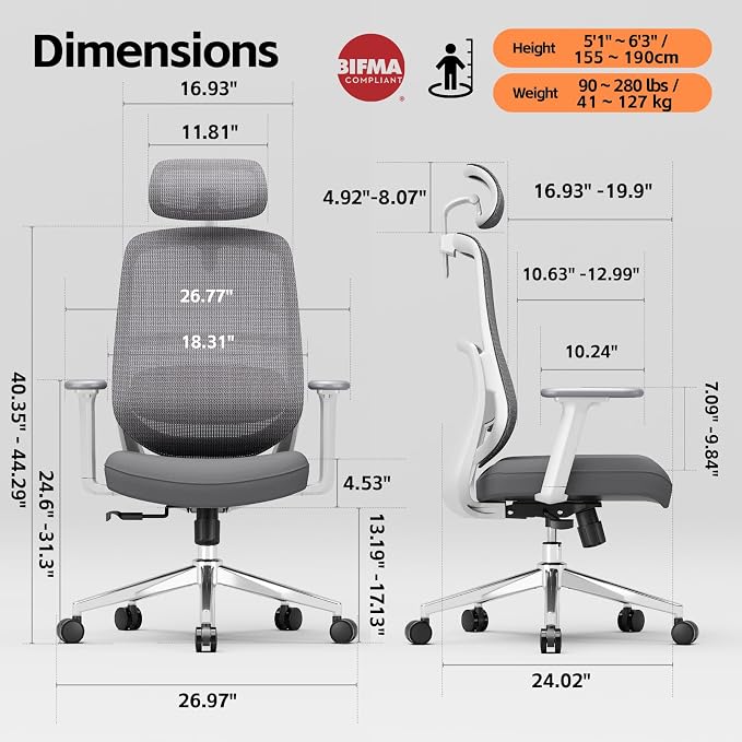 Ergonomic Office Chair, Home Office Desk Chairs, 3D Lumbar Support High Back Desk Chair, Comfortable Computer & Gaming Chair for Office & Home - Silver