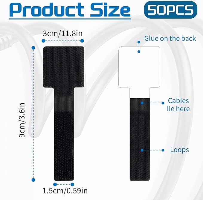 Cable Management - 50pcs Self Reusable Cable Straps Adhesive Cord Organizer Strips,Under Desk Wire Ties for TV Computer Ethernet Cords Electronics