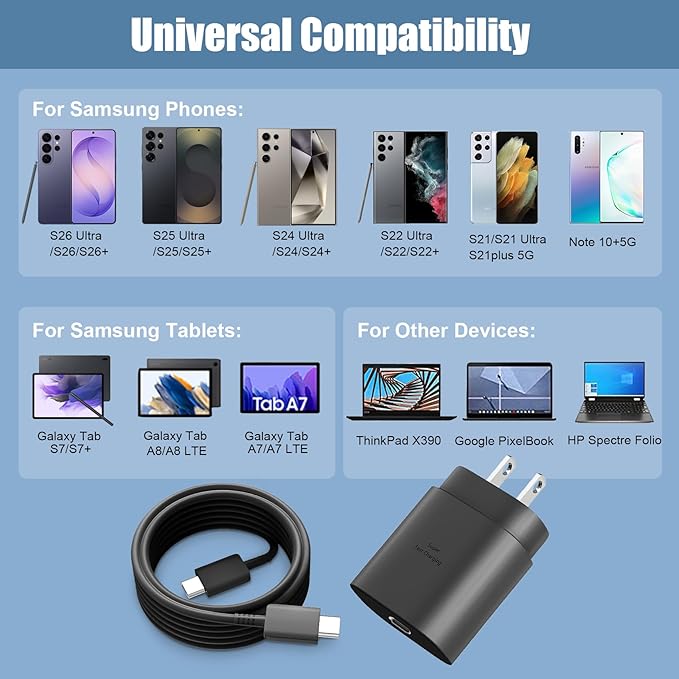 USB C Fast Charger,25W Android Phone Charger for Samsung S26 Super Fast Charger Type C Charger Cord & 10 Ft USB C Cable Fast Charging for Samsung Galaxy S26/S25/S24/S23/S22/S21/S20/Plus/Ultra,2 Pack