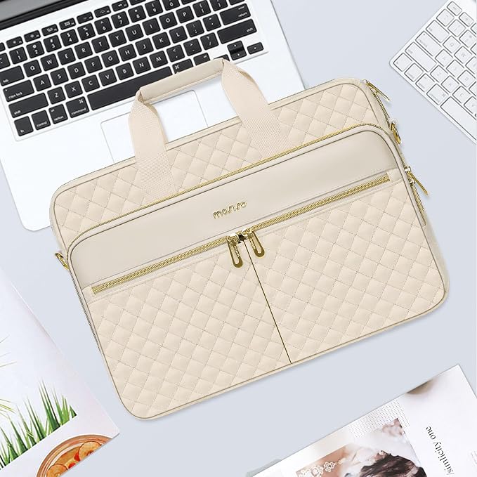 MOSISO 13-14 inch Laptop Bag, Laptop Briefcase Messenger Compatible with MacBook Neo 13 inch/Air 13.6/13 /Pro 13/14, Square Quilted Computer Bag Work Office Business with 3 Pockets&Strap, Beige