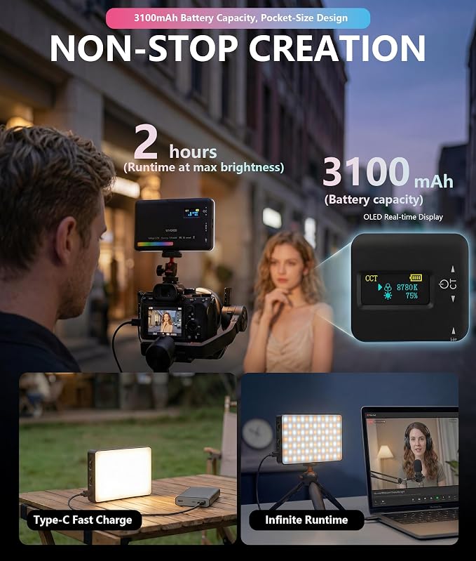 Portable RGB LED Video Light, 140LEDs Camera Light with CRI95+, 2500K-9000K CCT, 0-100% Dimmable Brightness, Adjustable Saturation, 3100mAh Rechargeable for Vlogging, Photography, Video Conference