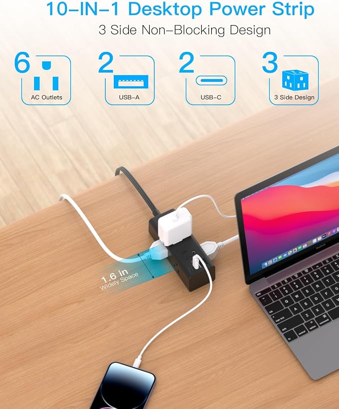 20Ft Extension Cord with Multiple Outlets, Flat Plug Power Strip Surge Protector with 20 Ft Long Cord, 6 Outlet 4 USB Ports (2 USB C), Multi Outlet Wall Plug for College, Dorm Room Essentials(Black)