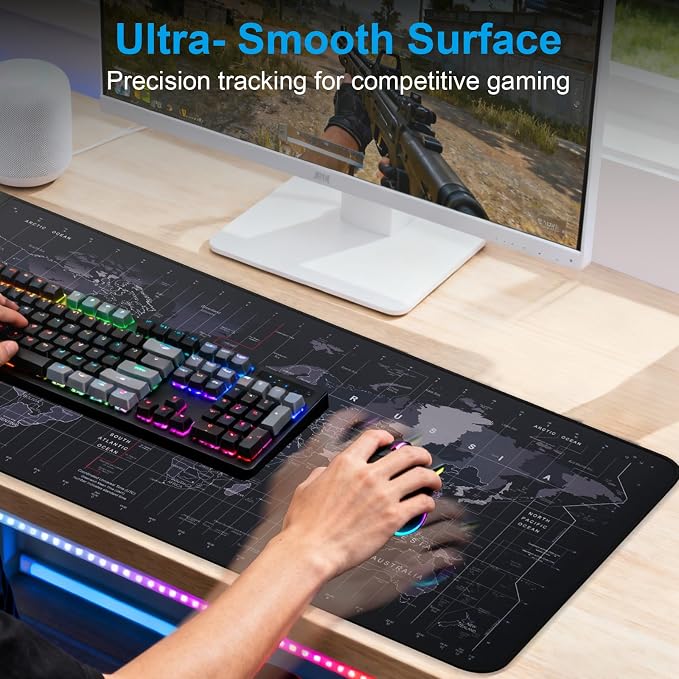 VOVIPO Wireless Charging Mouse Pad 15W, Waterproof Gaming Mousepad with Ultra-Smooth Surface, Non-Slip Base, XXL Large Desk Mat 90 x 40cm,Black World Map Computer Desk Pad for MacBook, PC, Laptop