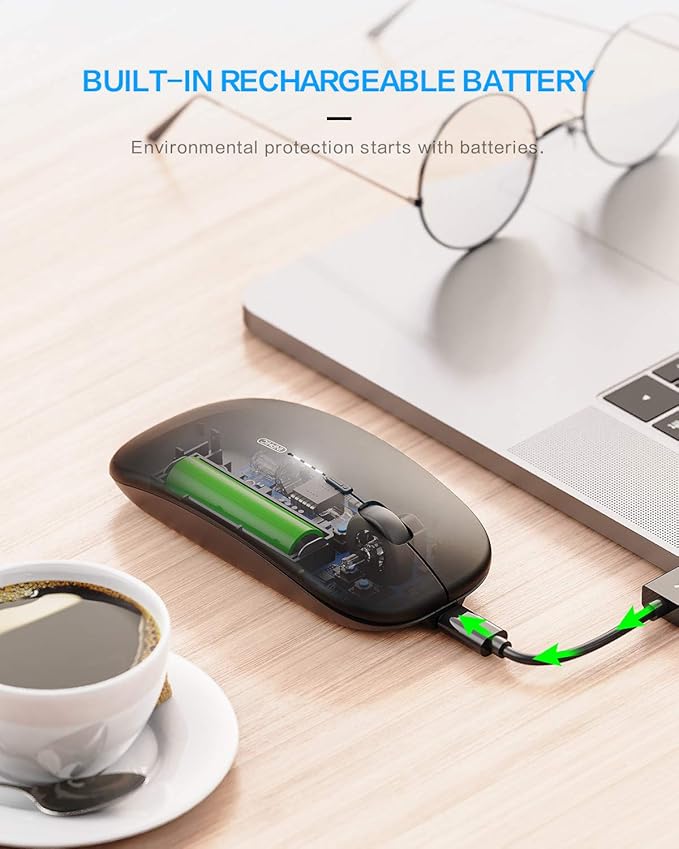 INPHIC Slim Wireless Mouse Rechargeable, Battery Visible, 2.4G Silent Cordless,2400 DPI with USB Receiver, Black