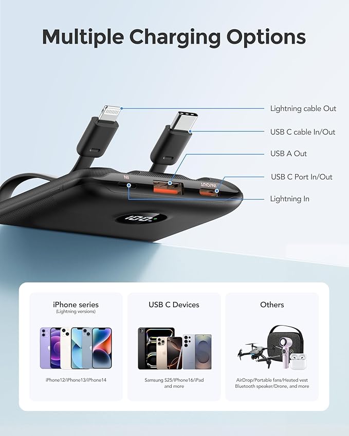 WeeFancy Mini Portable Charger with Built-in Cables 22.5W Fast Charging Power Bank USB-C Small Battery Pack 10000mAh Travel Essential Slim Battery for iPhone 17/16/15/14, Samsung 25/24, and More