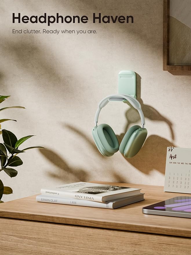 MAMUVIMO Headphone Stand, Headset Stand Foldable ＆ Sticky, Headphone Holder Hook Mount with Non-Slip Silicone, Adhesive Earphone Desk Hanger Clip Space-Saving for Airpods Max, All Earphones- Green