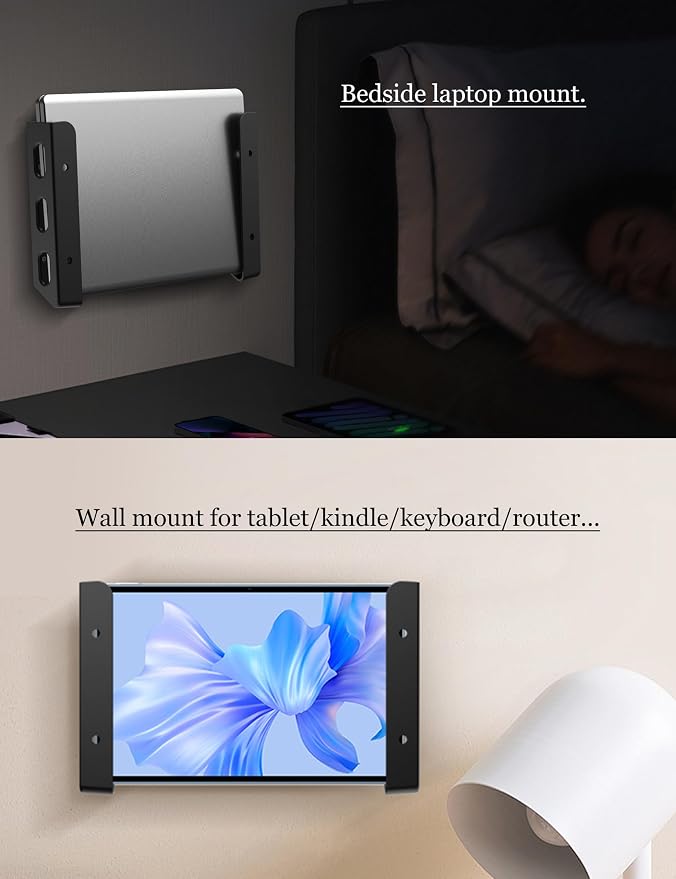 Universal Laptop Wall Mount or Under Desk Mount Holder, Fit for MacBook, Keyboard, Surface, Router, Modems and More Small Devices Up to 40mm/1.57in Thick, Fixed by Screw or Adhesive (Black)