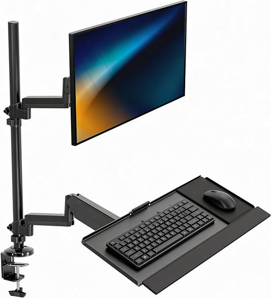 Mount-It! Sit-Stand Monitor Arm Desk Mount with Keyboard Tray, Single Monitor Fits Up to 32”, Height Adjustable Gas Spring, Full Motion Articulating Arm, Clamp or Grommet, Black