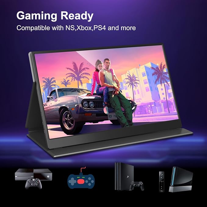 Portable Monitor 15.6" 1080P FHD USB-C HDMI, Ultra-Slim IPS Gaming Display, HDR Plug & Play, Premium Smart Cover & Screen Protector, Dual Speakers, Extended Monitor for Laptop PC MAC PS4 Xbox