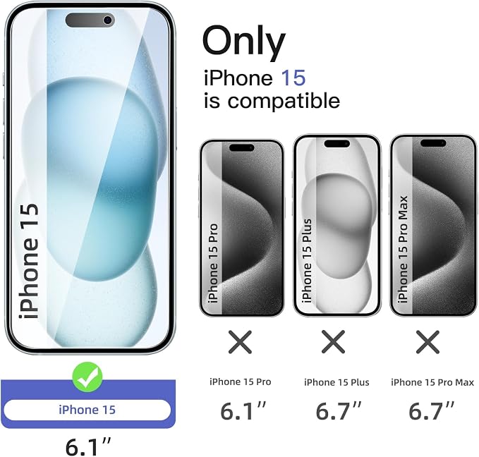 NEW'C 3x Privacy for iPhone 15 Screen Protector (6.1 inches)+ 3x Camera Lens Protector, Sensor Protection, Case Friendly Tempered Glass Film + Dust Plug - Easy installation tool included | Sensor Protection