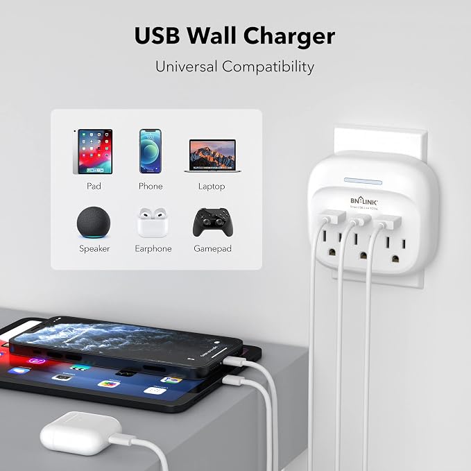 BN-LINK Multi Plug Outlet Extender 2 Pack, 3 Wall Outlets Outlet Splitter with 3 USB Ports(1 USB C), Charging Adapter for Dorm, School, Travel, Office, Home