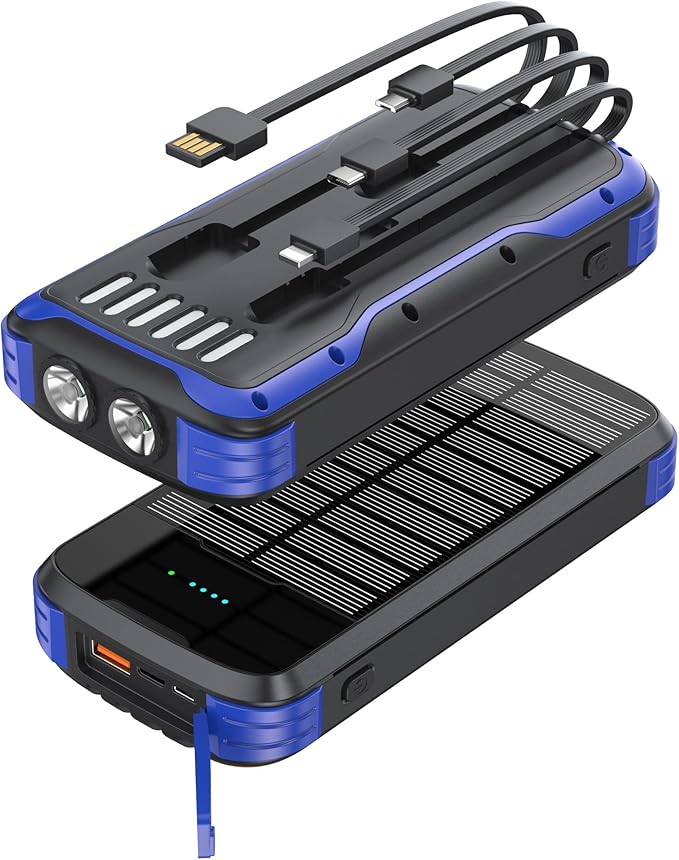 MINRISE Solar Charger Power Bank, 40000mAh Portable Charger PD 20W Fast Charging Solar Power Bank Built in 4 Cables and USB-C in/Output, Camping Essentials External Battery Pack with Flashlights