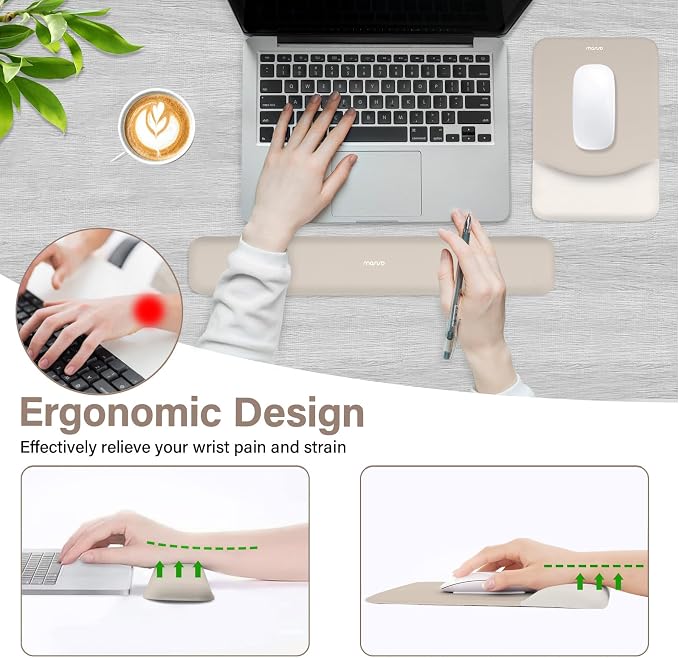 MOSISO Wrist Rest Support for Mouse Pad&Keyboard Set, Rectangular Ergonomic Mousepad Non-Slip Base Home/Office Pain Relief&Easy Typing Pad with Neoprene Cloth&Raised Silicone Lining, Stone Gray