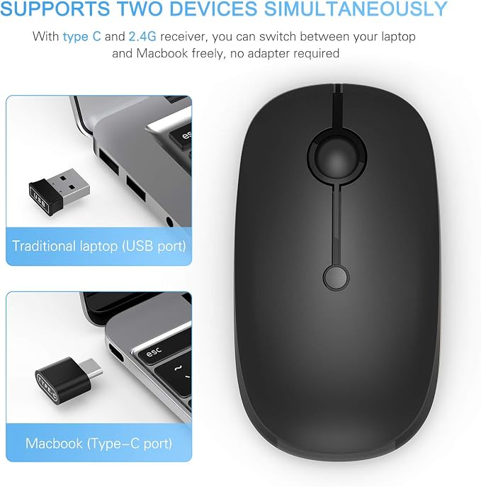 Type C Wireless Mouse，Vssoplor USB C Rechargeable Portable Quiet Laptop Mouse USB and Type C Receiver Dual Mode Mice for PC, Laptop, MacBook, Tablet-Black