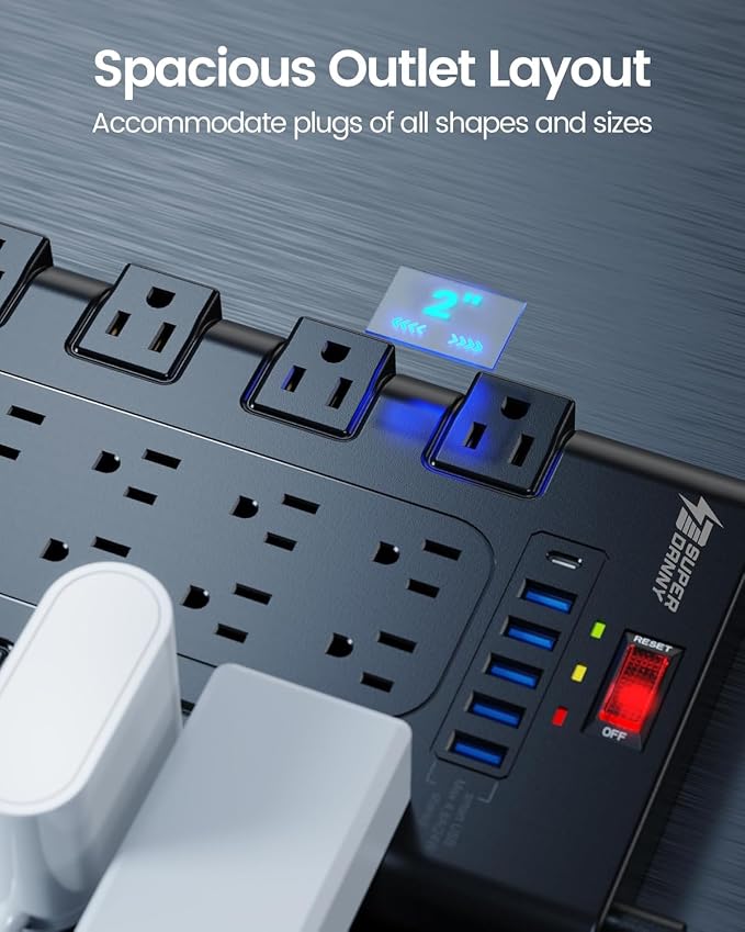 Extension Cord 10 Ft, SUPERDANNY Power Strip Surge Protector with 6 USB Charging Ports and 22 AC Outlets, 1875W/15A, 2100 Joules, Flat Plug Power Outlet for Home, Office, Dorm, Gaming Room, Black