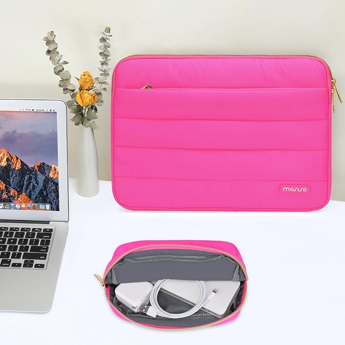 MOSISO Laptop Case 16 inch, 15-15.6 inch Puffy Laptop Sleeve Compatible with MacBook Pro 16 M5 M4 M3 M2 M1, HP Dell ASUS Acer Toshiba Lenovo, Polyester Horizontal Bag with Small Case, Rose Red