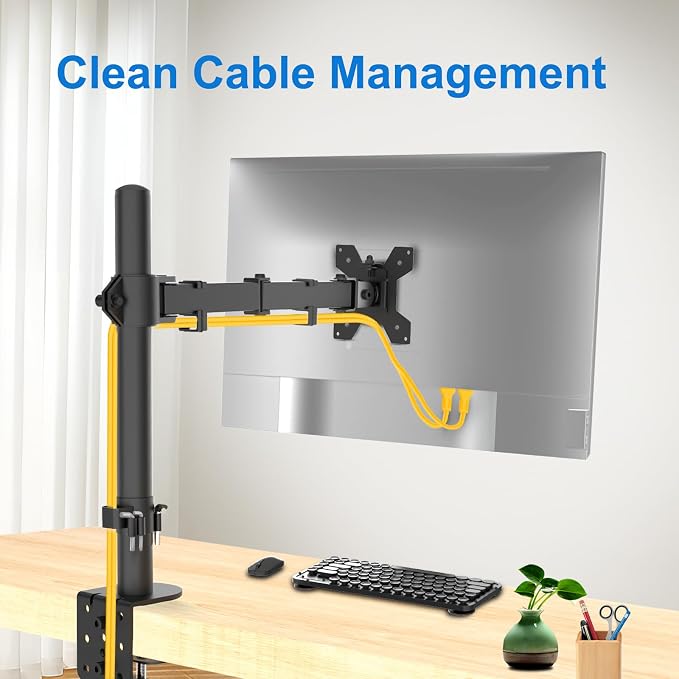 H&C(hcck&Cllassp) Single Monitor Mount, Desk Mount with Swivel, Tilt, Rotation, Height Adjustable, VESA Mount for 17-27” Monitors up to 17.6 lbs, Monitor Stand with C-Clamp, Black
