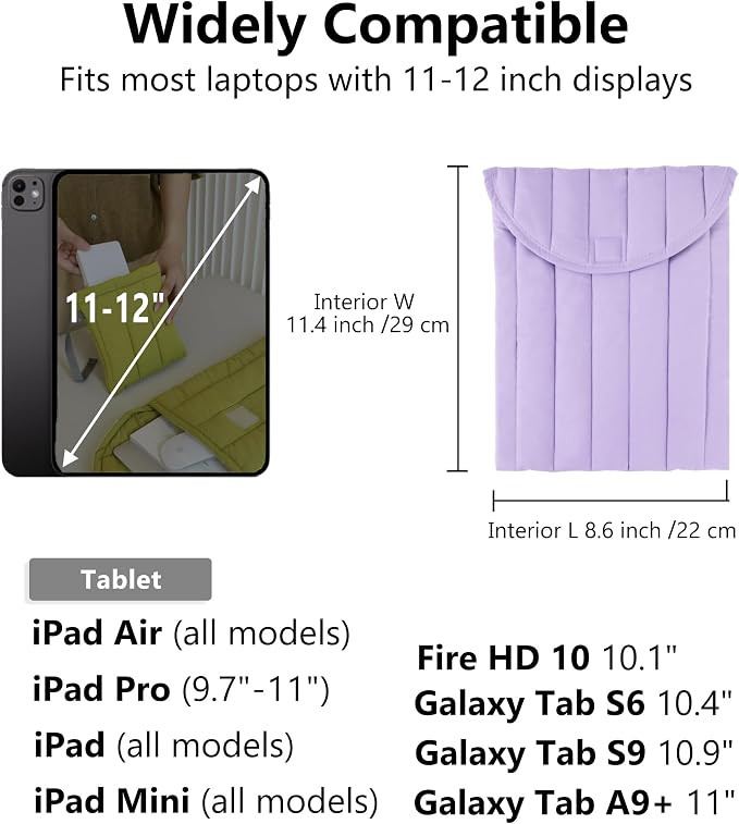 Puffy Laptop Sleeve 11-12 Inch Purple, Protective Carrying Case for Men and Women, Cute Case Bag Compatible with 11 and 12 Inch Laptops, 10.9" Ipad 10, 10.2" Ipad 7 8 9 in Cover