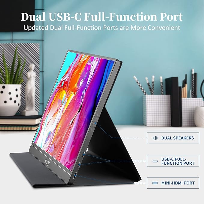 KYY Portable Monitor 15.6inch FHD 1080P USB-C Laptop HDMI Gaming Monitor w/Premium Smart Cover & Dual Speakers, External HDR Computer Display for PC MAC Phone Xbox PS4 Switch