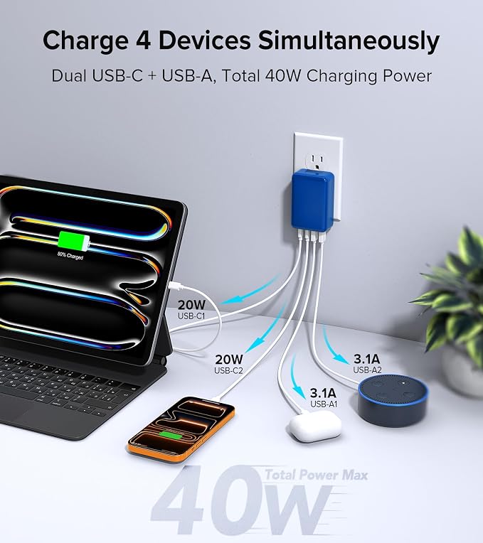 [2-Pack] Flat USB C Wall Charger,40W Fast USB C Charger Block,4-Port PD Power Adapter +QC Wall Plug Multiport Type C Charging Block Cube Compatible with iPhone 17 16 15 14 13 12 Pro Max XR XS 8(Blue)