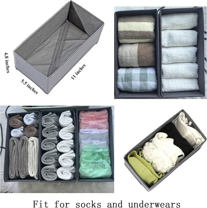 Bructhun Sock Drawer Organizer 9 Pack - Collapsible Fabric Storage Bins for Underwear Divider, Small Closet Organizers with 9 Compartments, Gray