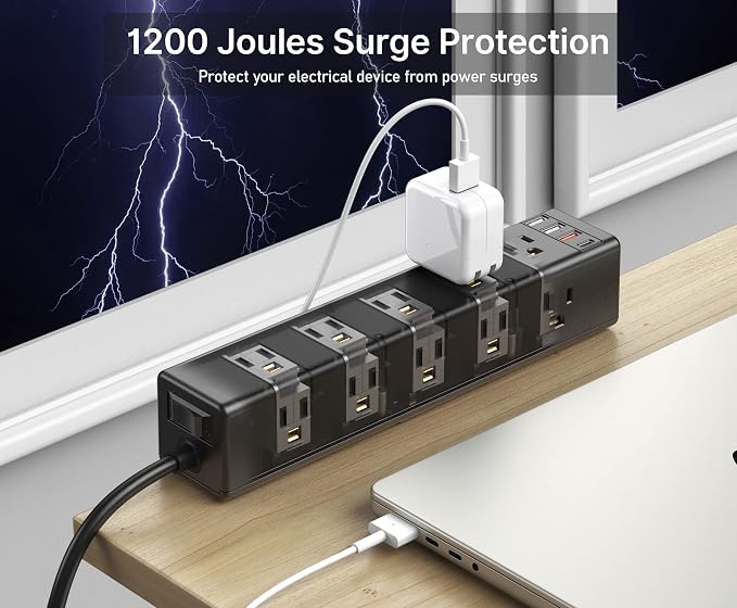 CCCEI Standing Desk Clamp Power Strip with 15 Outlets, Black Desktop Edge Mount Surge Protector Outlet, Fast Charging USB-A and 45W USB-C Ports, 10 FT Flat Plug, Black Fit 1.6 inch Table top.