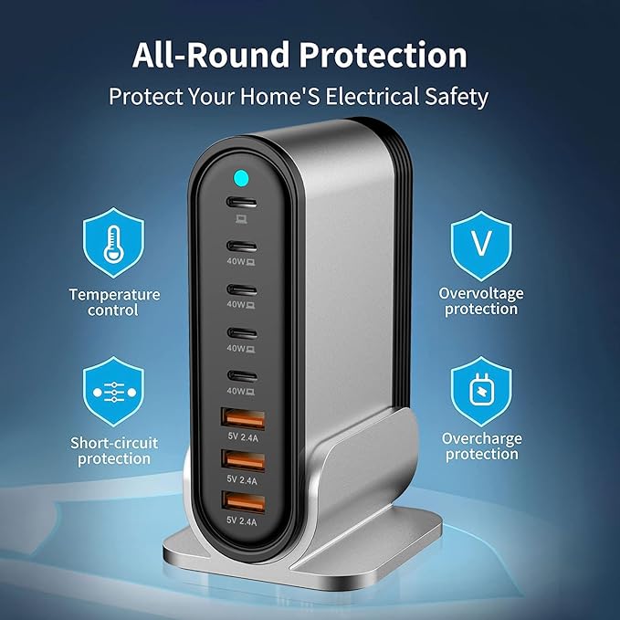 USB C Fast Charger - 285W GaN 8 Port Fast Charging Station Tower Hub for Multiple Devices: Type C Fast Charger Block for MacBook iPad iPhone 17/16/15/14/13 Pro Max Samsung Galaxy, Google Pixel & More