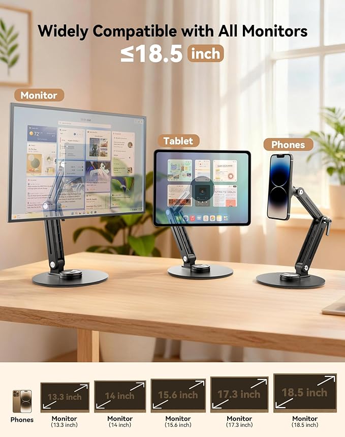 Jakeko Magnetic Portable Monitor Stand 15.6" - VESA Mount 75mm 13.3" 14.1" 15.6" 17.3" 18.5 inch Screen for Desk Adjustable Foldable 360° Swivel Tool-Free