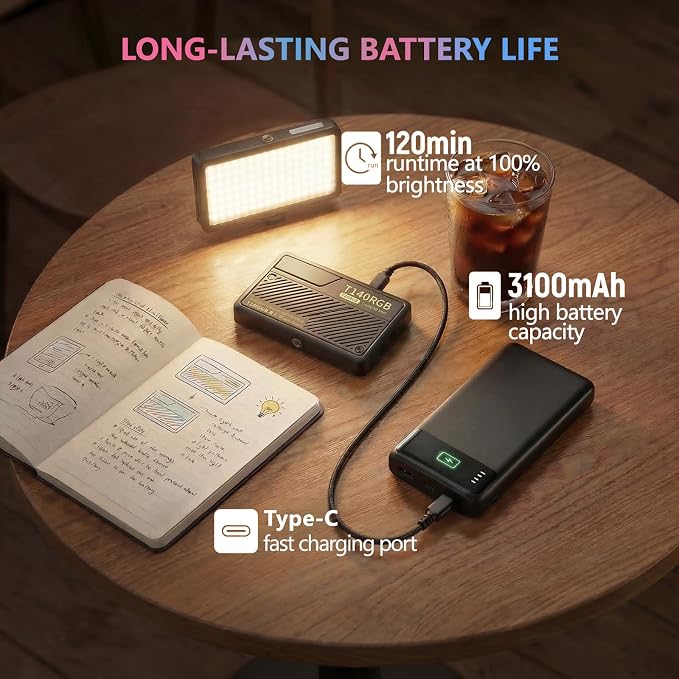 RGB Video Light, Portable Camera Light, 3100mAh with 1/4” Cold Shoe Adapter CRI95+ LED Fill Light, 0-359° Hue, 2500K-9000K CCT, 20 Effects, 140 LEDs for TikTok, Vlogging, Photography