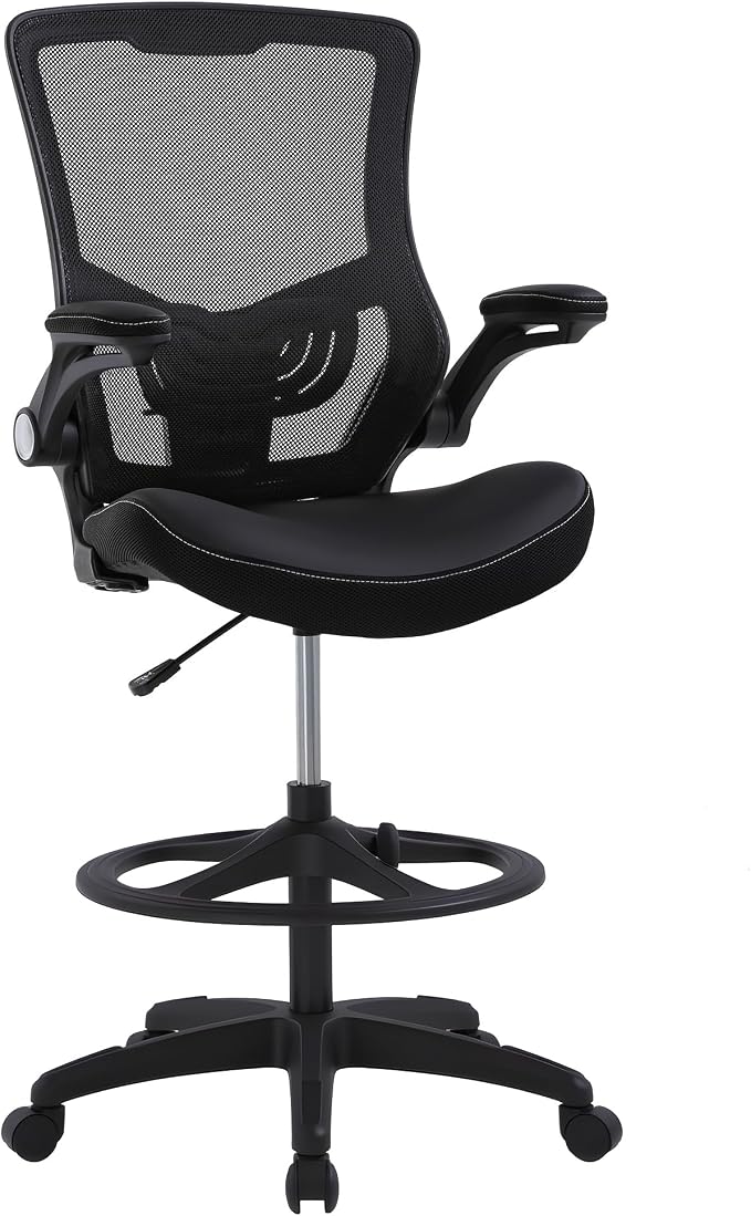 BestOffice Drafting Chair Ergonomic Tall Office Chair Standing Desk Chair with Flip Up Arms Foot Rest Back Support Adjustable Height Mesh Drafting Stool, Dark Black