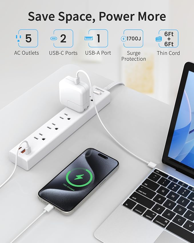 HOPOW Power Strip Surge Protector, 2 Pack, 6 Ft Ultra Thin Flat Extension Cord, Surge Protector with 5 Outlets & 3 USB Ports (2 USB C), 1700 Joules, 3-Prong, Wall Mount for Home Office Dorm, White