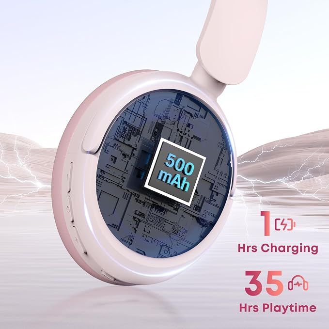 Bluetooth Headphones with Active Noise Cancelling (ANC), Wireless Over Ear Bluetooth Headsets with 35H Playtime, HiFi Stereo Foldable Headphones with Foam Ear Cups for Sports, Travel, Pink