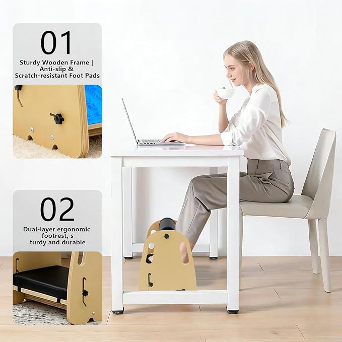 Adjustable Wooden Under Desk Foot Rest｜15.75” Height｜Detachable｜Interchangeable Leather & Massage Pads｜for Office/Home/Gaming/Study Desk Essentials - Blue