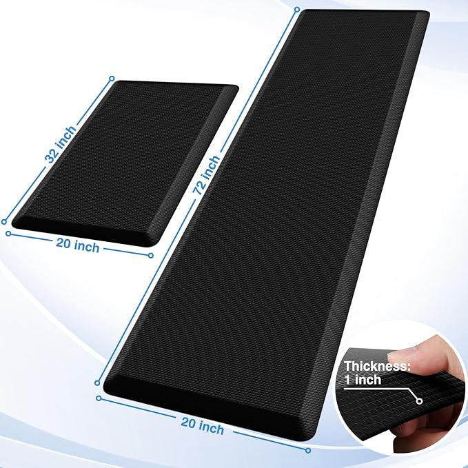 StepRite Kitchen Mats, 2PCS Kitchen Rugs, Cushioned Anti Fatigue Kitchen Mats for Floor, Non-Slip Standing Desk Mat, Waterproof Kitchen Rug Set for Kitchen, 20" x 32"+20" x 72"-Full 1 inch Thick,Black