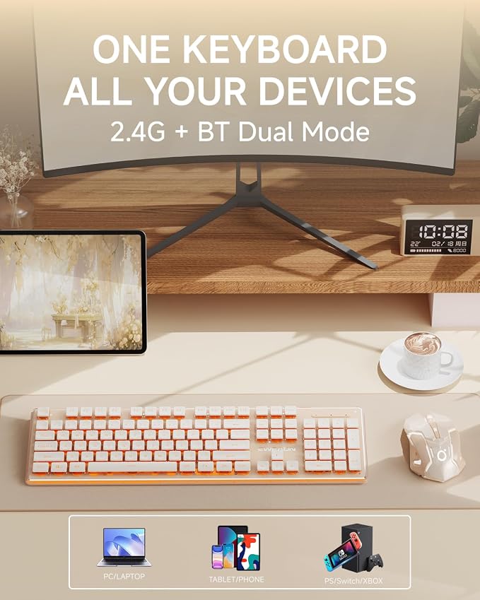 SEUNKWANG EWEADN V3 Wireless Keyboard and Mouse with Single Backlit, Metal Panel, Bluetooth/2.4G Rechargeable Computer Keyboard and Mouse Combo Silent Lighted Full Size Cute Keyboards-Rose Gold