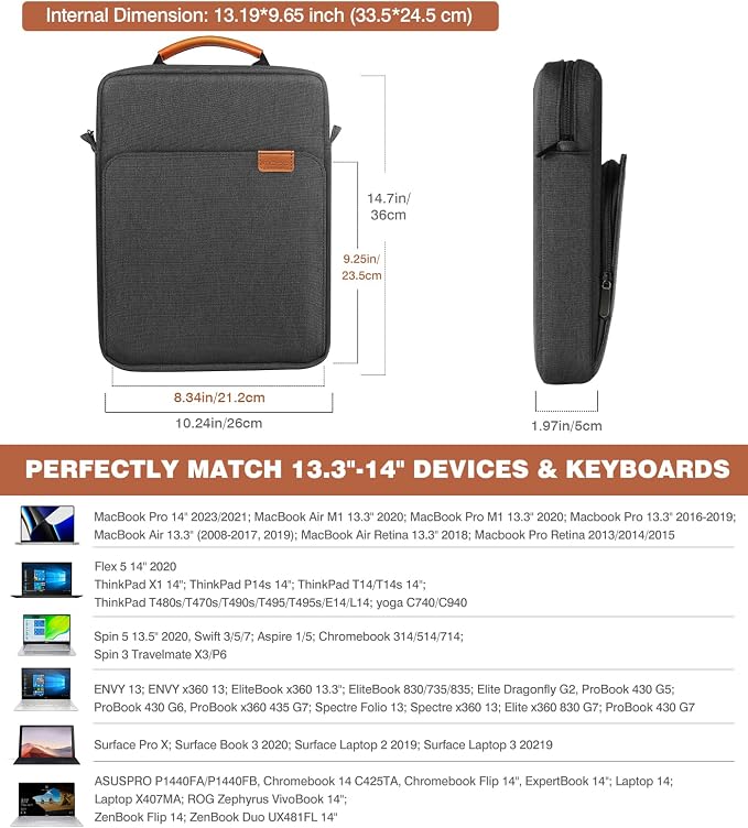 MoKo 13.3-14 Inch Laptop Sleeve Bag Fits Mac Neo 13-inch A18 Pro, Mac Pro 13.3" M2 2022/M5/M5 Pro/M5 Max 14.2" 2026, Mac Air 13.6" M5 2026, Handle Carrying Case with Shoulder Strap, Black & Gray