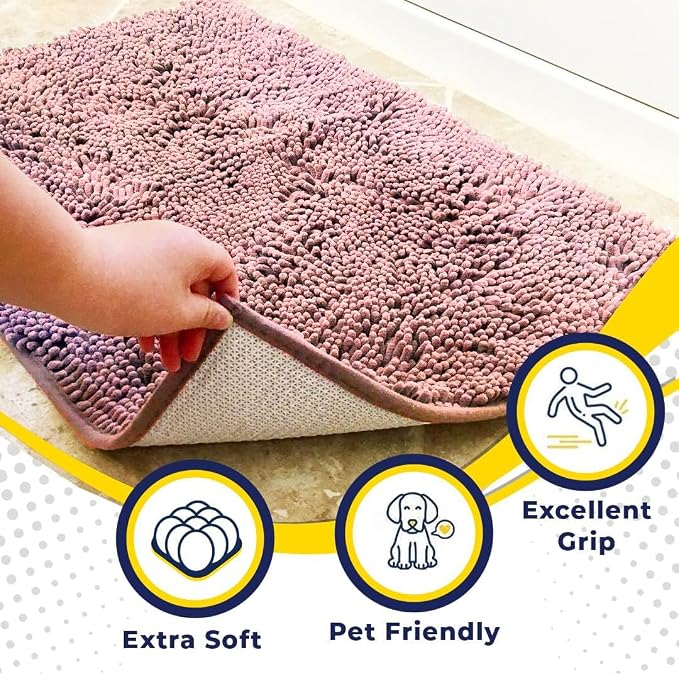 Muddy Mat® | Super Absorbent Door Mat Indoor, Microfiber Quick Dry Chenille Entryway Rug, Non-Slip Front Door Mat, Indoor Mats for Entryway, Machine Washable Pet Rug, Light Pink 24" x 96"