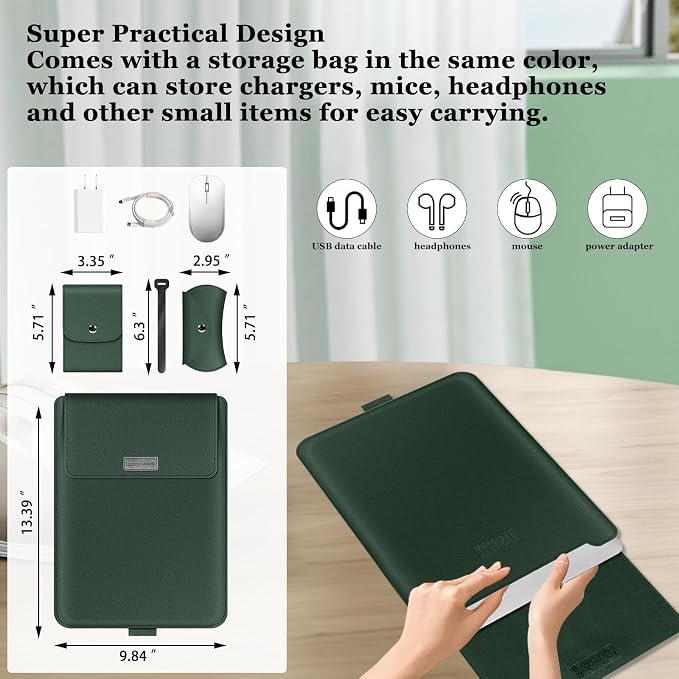 13-14 inch Laptop Sleeve Protective Case for MacBook Air/Pro 13-14" M5/M4/M3/M2/M1 (Pro/Max), [3 in 1] PU Leather Laptop Waterproof Slim Cover with Stand and Mouse for MacBook - Dark green
