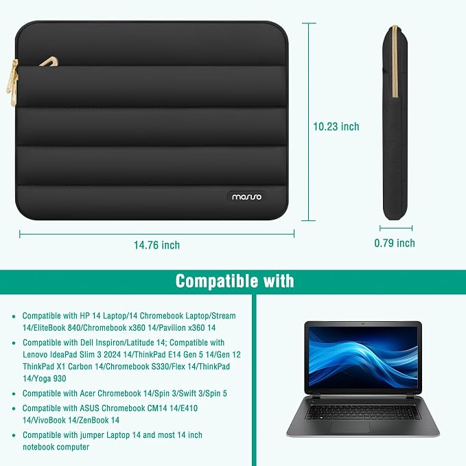 MOSISO Laptop Case 14 inch, 14 inch Puffy Laptop Sleeve Compatible with HP Lenovo Dell ASUS Acer, HP Stream, Dell Latitude, Lenovo IdeaPad, Polyester Horizontal Bag with Small Case, Black