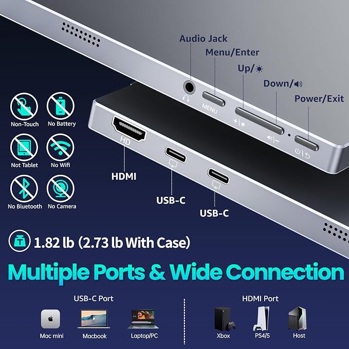 Upperizon Portable Monitor 15.6 inch FHD 85% sRGB 60Hz HDR HDMI USB-C Travel Monitor for Laptop MacBook PC Surface PS5 Xbox, External Display with Cover & Speakers, VESA Compatible