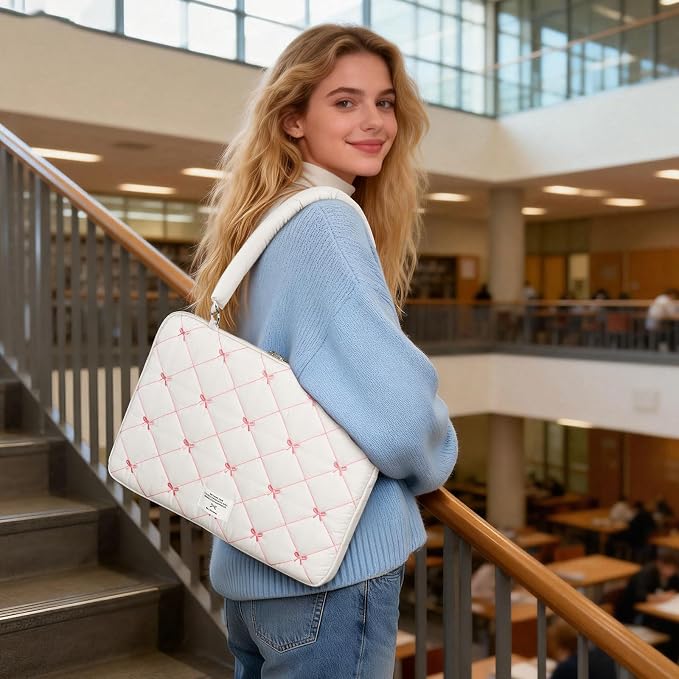 Cute Bow Laptop Case Coquette 13-15 Inch Puffy Laptop Sleeve Accessories Aesthetic Quilted Computer Bag for MacBook (White, 15-15.6inch)