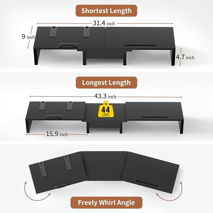 Dual Monitor Stand Riser - Computer Monitor Stand for 2 Monitors，Office Desktop Organizer，Adjustable Length and Angle 3 Shelf with Storage Drawer Phone Holder for Monitors and Laptops-Black