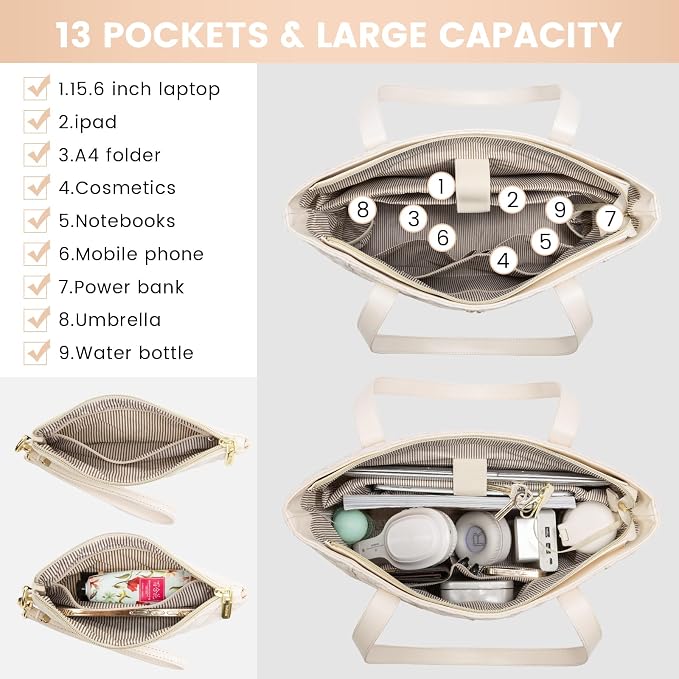 LOVEVOOK Laptop Bag for Women 17 inch,Diamond Quilted Work Tote Bags Womens Laptop Tote Bag Computer Shoulder Bags,Stylish Travel Tote Bags Laptop Purse Briefcase Handbag with Clutch Purse,Off-white
